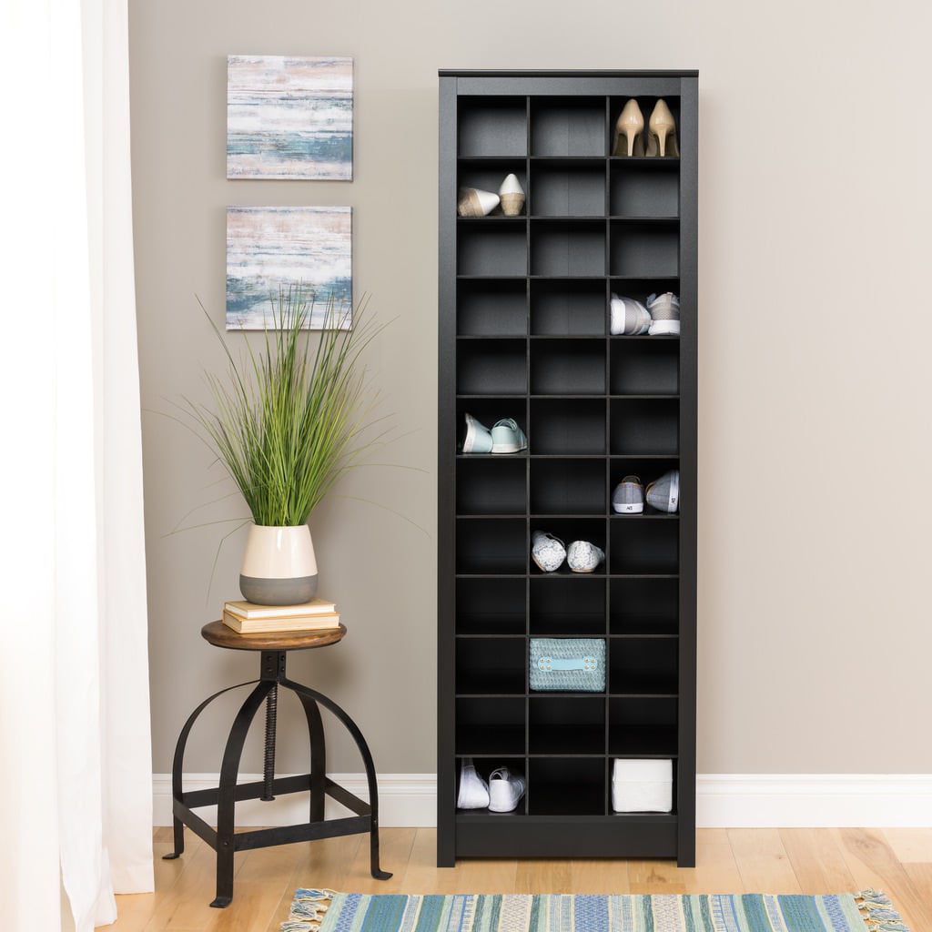 Prepac Space-Saving 36 Pair Shoe Storage Cabinet With Cubbies， Black