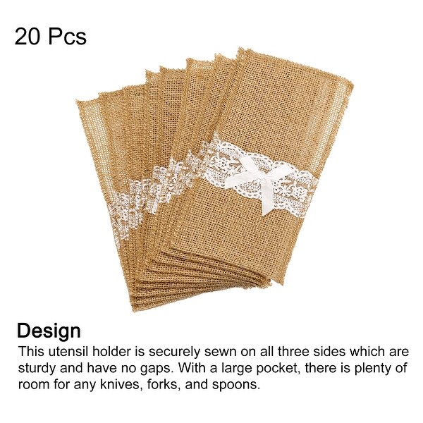 20Pcs Burlap Lace Utensil Holder Knife Forks Bag Cutlery Pouch for Wedding Party - Light Brown