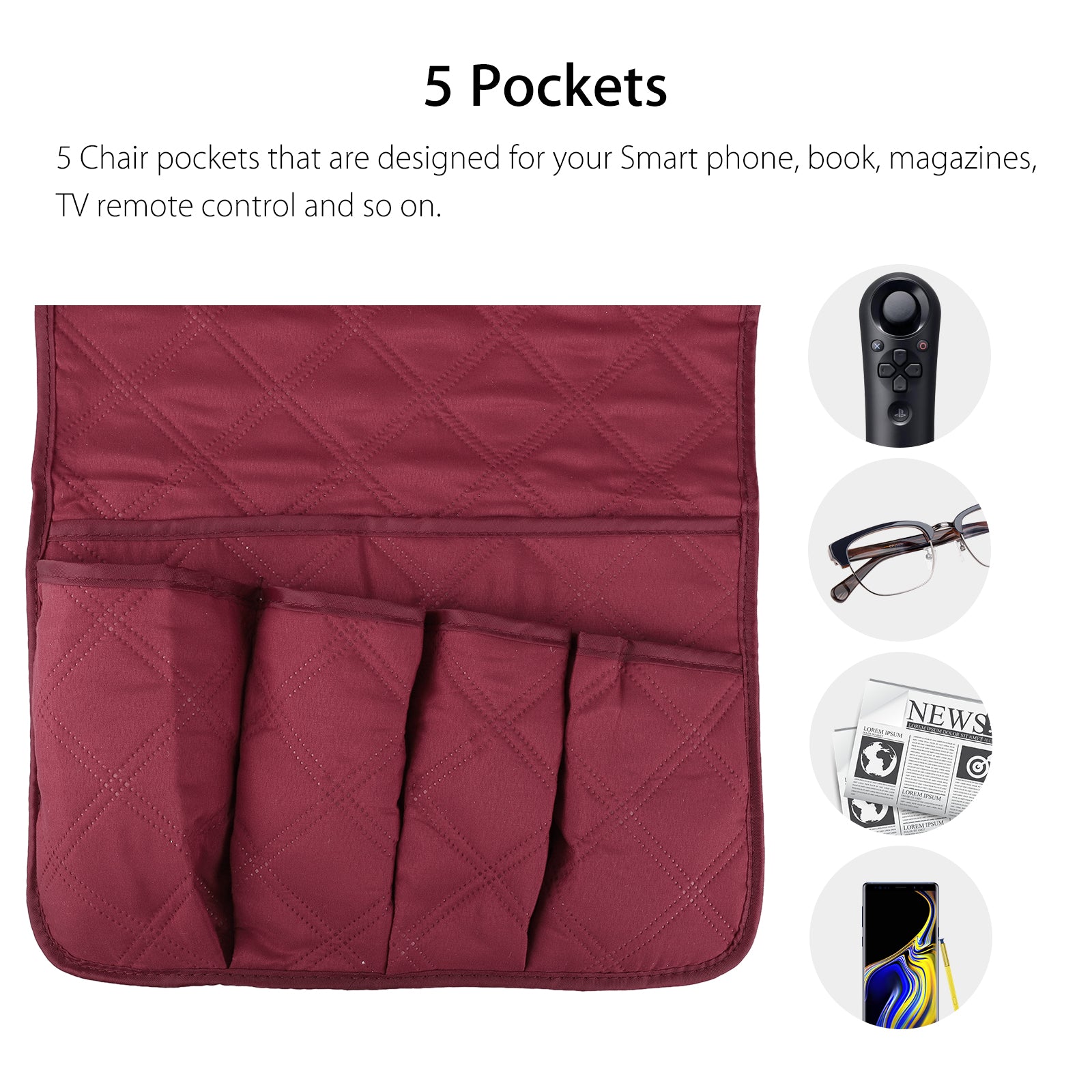 EEEkit Couch Sofa Chair Armrest Organizer, Non-Slip Recliner Armrest Storage Holder Cover with 5 Pockets, Storage for Smart Phone iPad Book Magazines TV Remote Control Holder