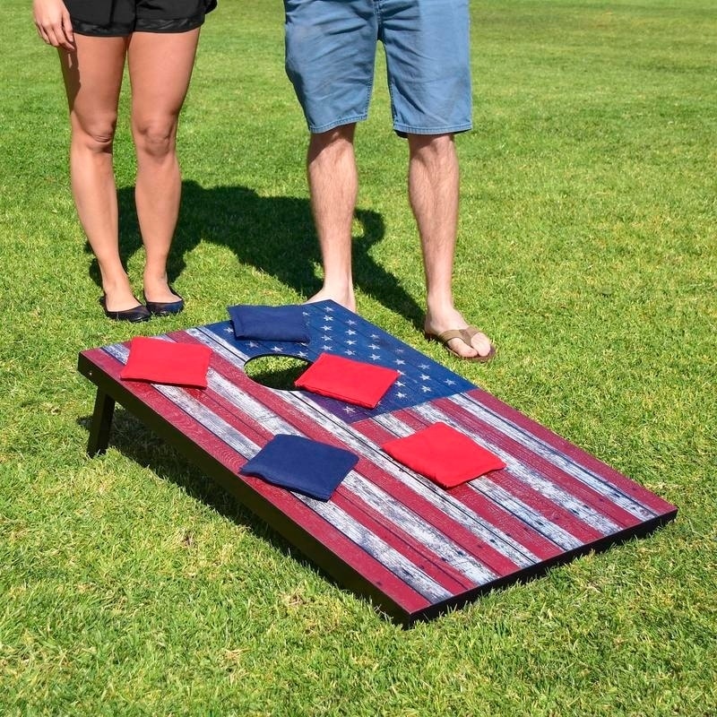 GoSports American Flag Cornhole Set with Wood Plank Design - Includes Two 3' x 2' Boards, 8 Bean Bags, Carrying Case and Game Rules