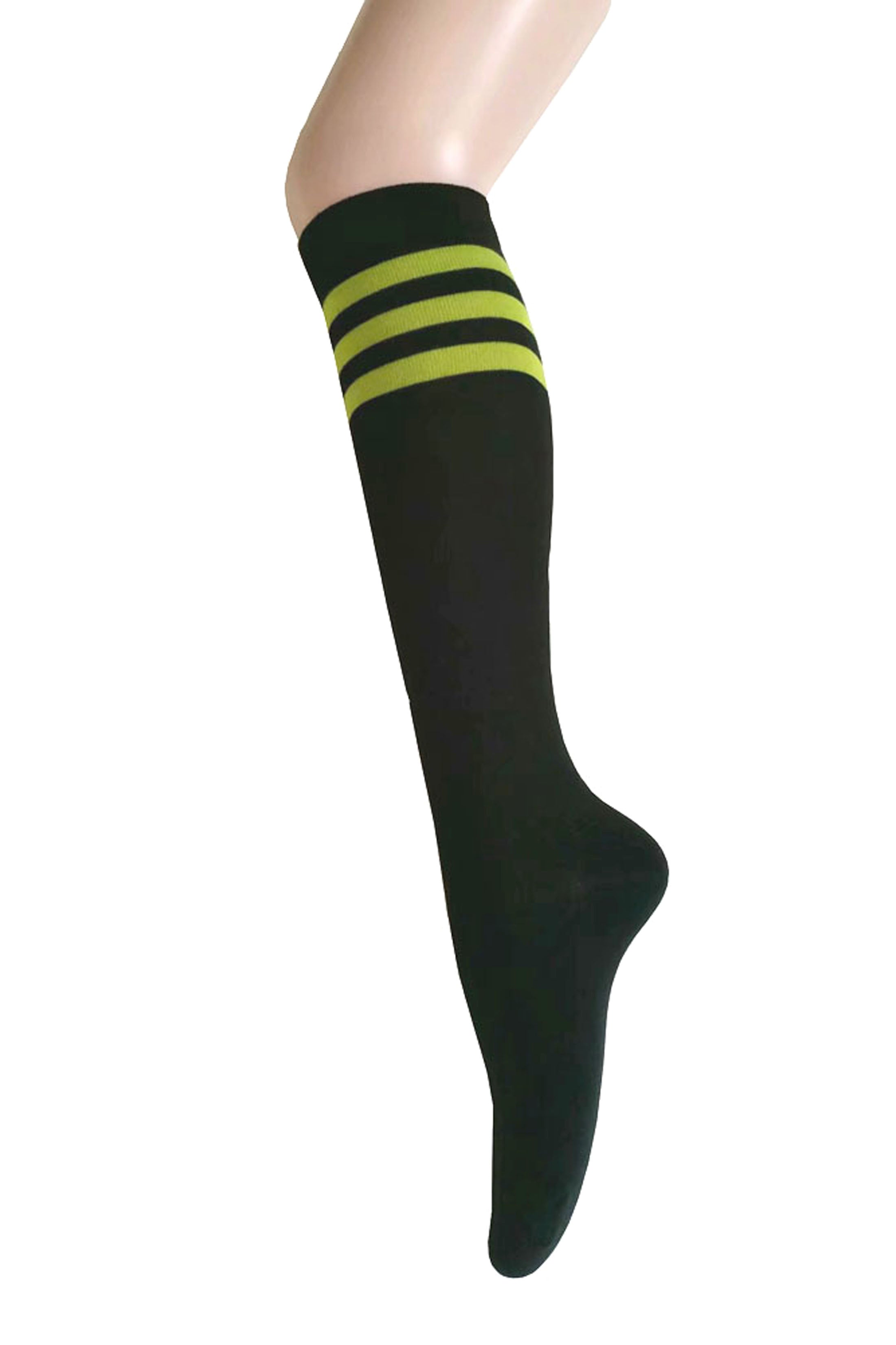 Women and Girls Roller Skate Retro Triple Stripes Tube Knee High Socks In Black with Lime Green Color