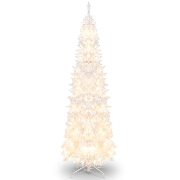 Costway 7FT PreLit Hinged Pencil Christmas Tree White w/ 300 LED