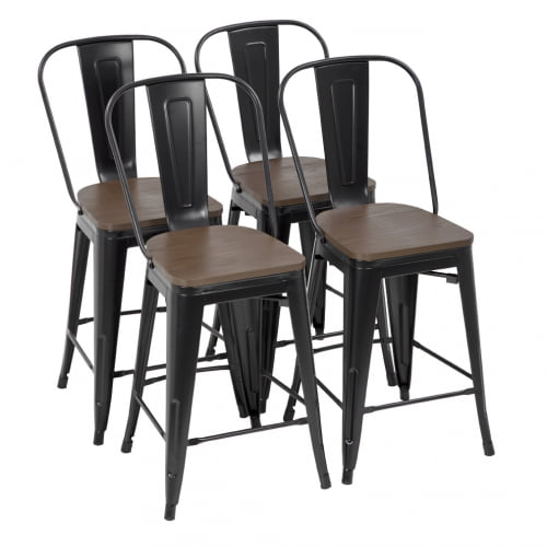 Furinno 24.5 Inches Seat Height Bar Stool with Backrest and Wood Seat， Set of 4， Black