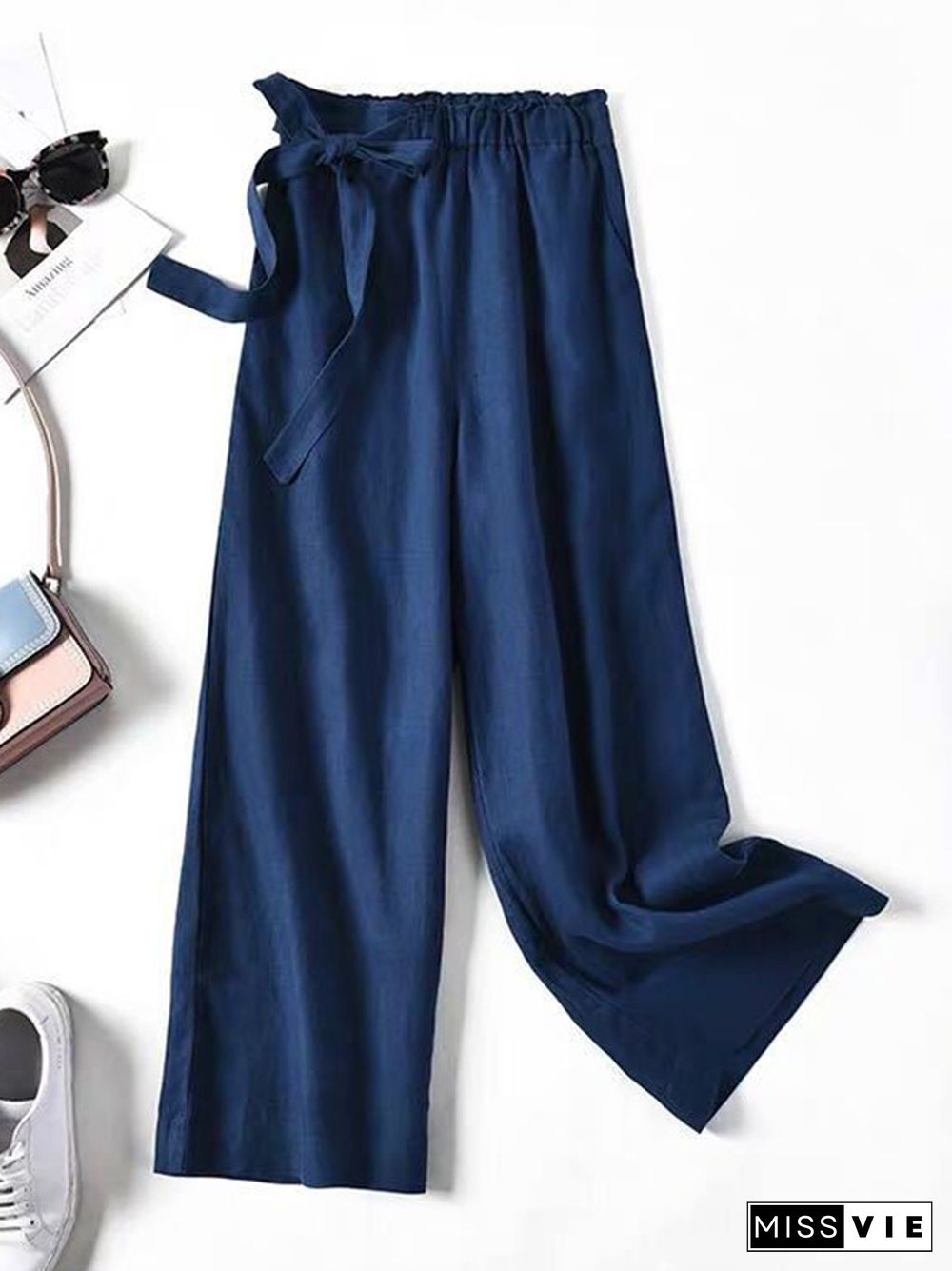 Simple Ramie Cotton Solid Color Loose Ninth Wide-Leg Pants