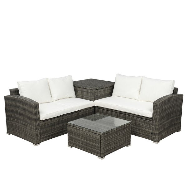 4 Pieces Outdoor Patio Furniture Set with Storage Box and Coffee Table， PE Rattan Wicker Sectional Sofa Set with 4 Back Cushions - Overstock - 37928674