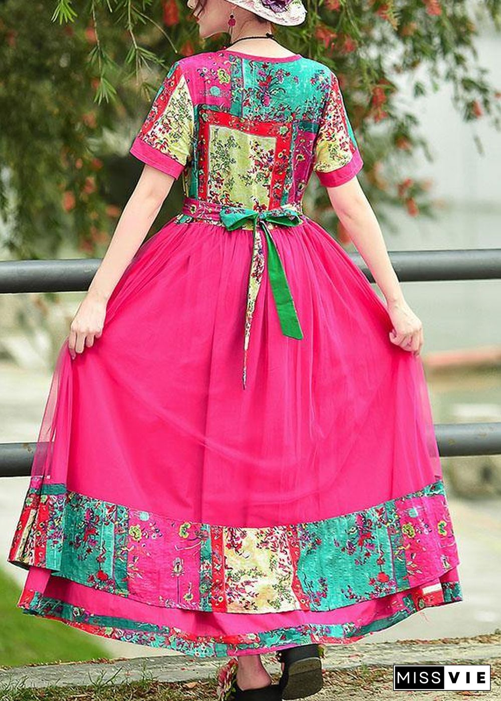 French rose print cotton quilting clothes o neck patchwork tulle long summer Dress