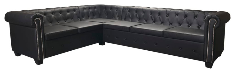 vidaXL Chesterfield Corner Sofa 6 Seater Faux Leather Black Chaise Longue   Transitional   Sectional Sofas   by vidaXL LLC  Houzz