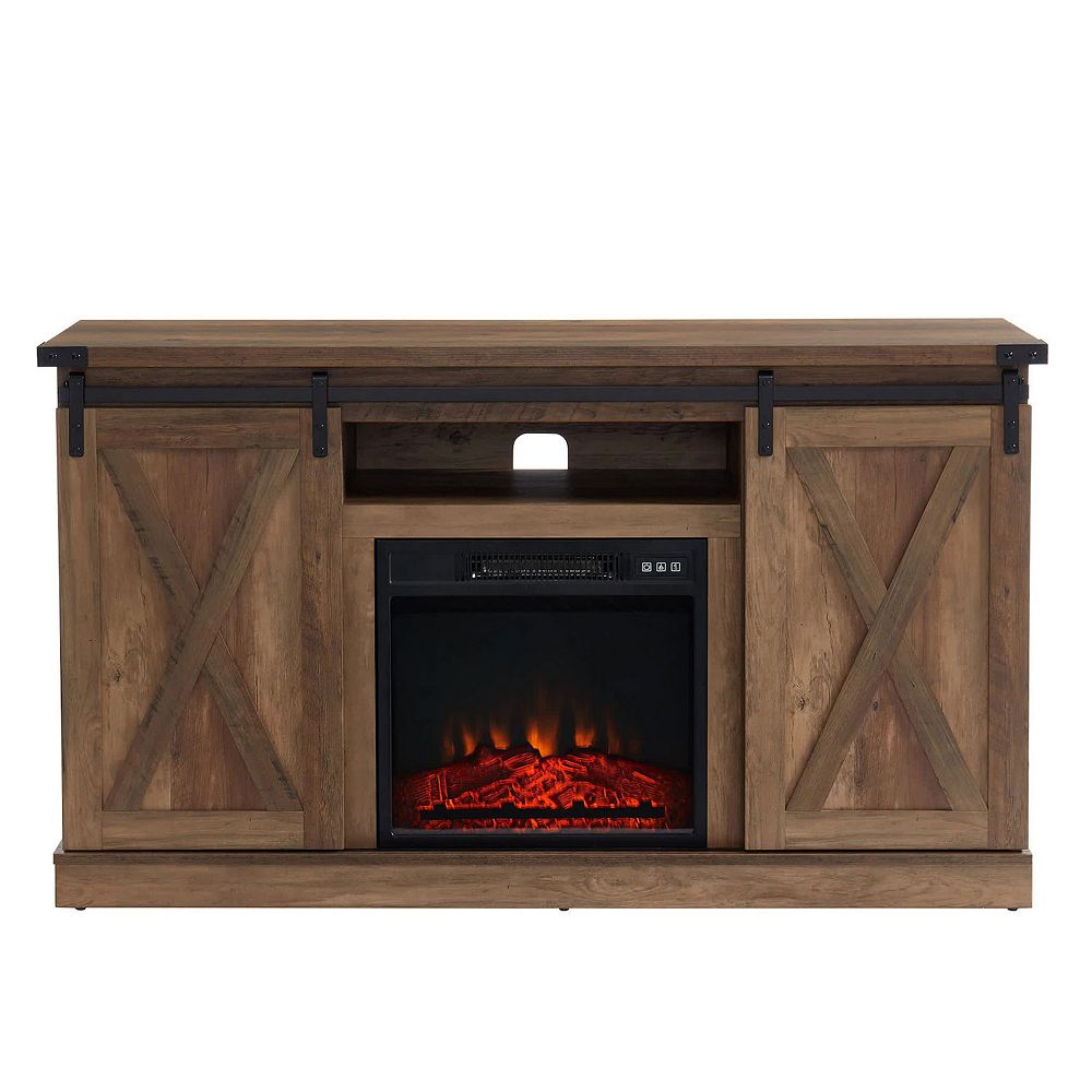 Edyo Living Electric Fireplace TV Stand Table with Sliding Barn Door， Rustic Oak