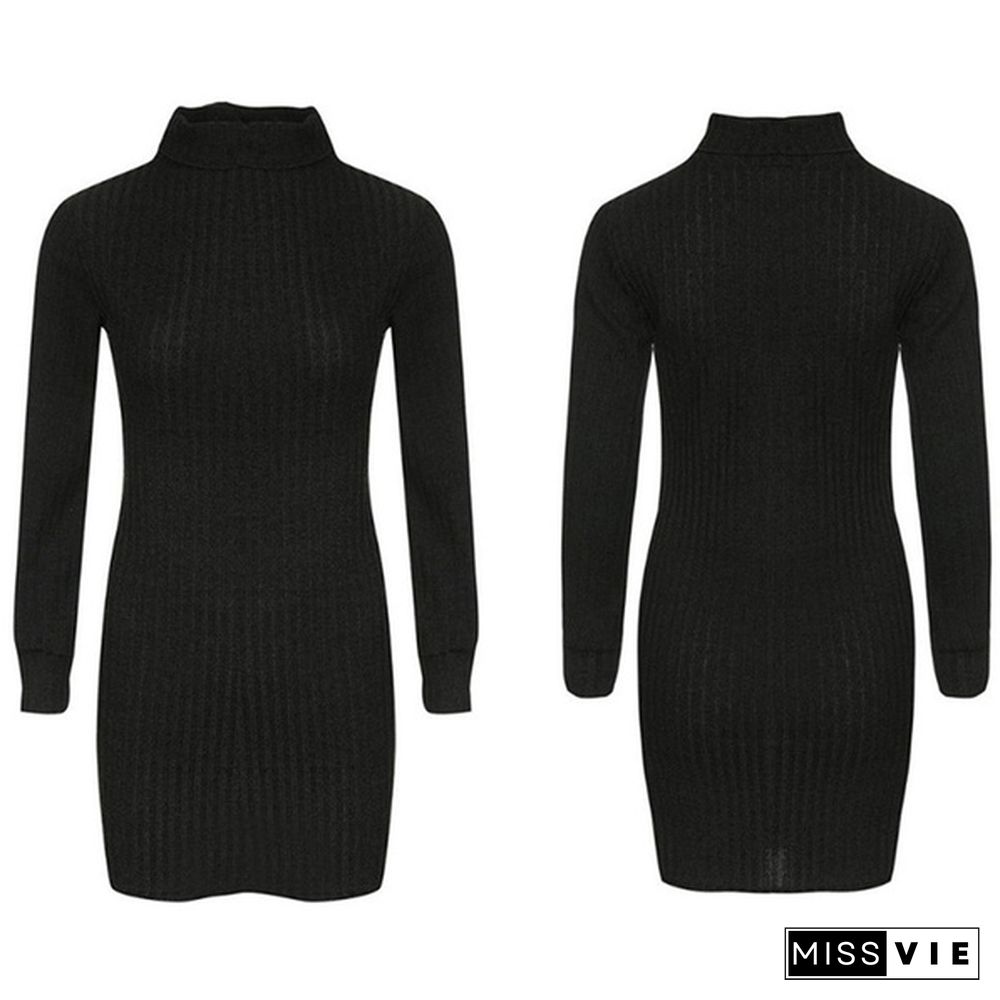 Women Autumn and Winter Long Sleeve Knitted Sweater Dress Ladies Fashion Keep Warm Knitting High Collar Slim Fit Bottoming Mini Knitting Dress