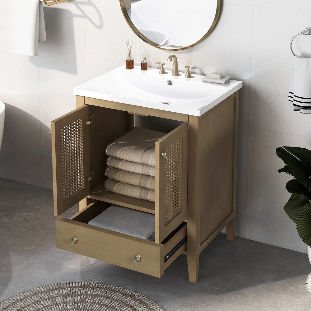 Bathroom Vanity with Ceramic Basin Rattan Bathroom Storage Cabinet