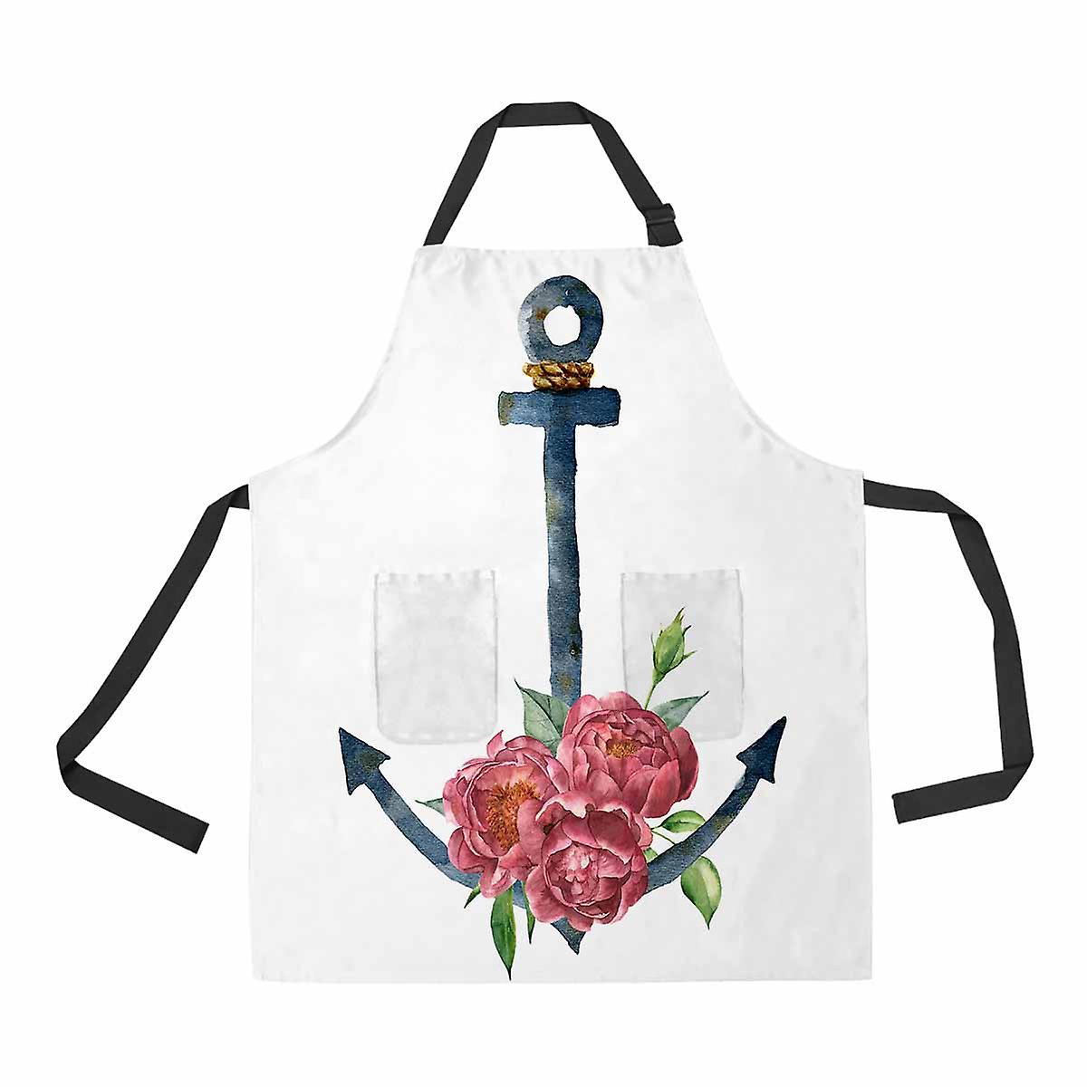 Vintage Anchor With Rope And Peony Flower Unisex Adjustable Bib Apron With Pockets For Commercial Restaurant And Home Kitchen Use