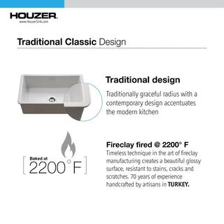 HOUZER White Fireclay 32 in. Single Bowl Undermount Kitchen Sink PTU-3600 WH