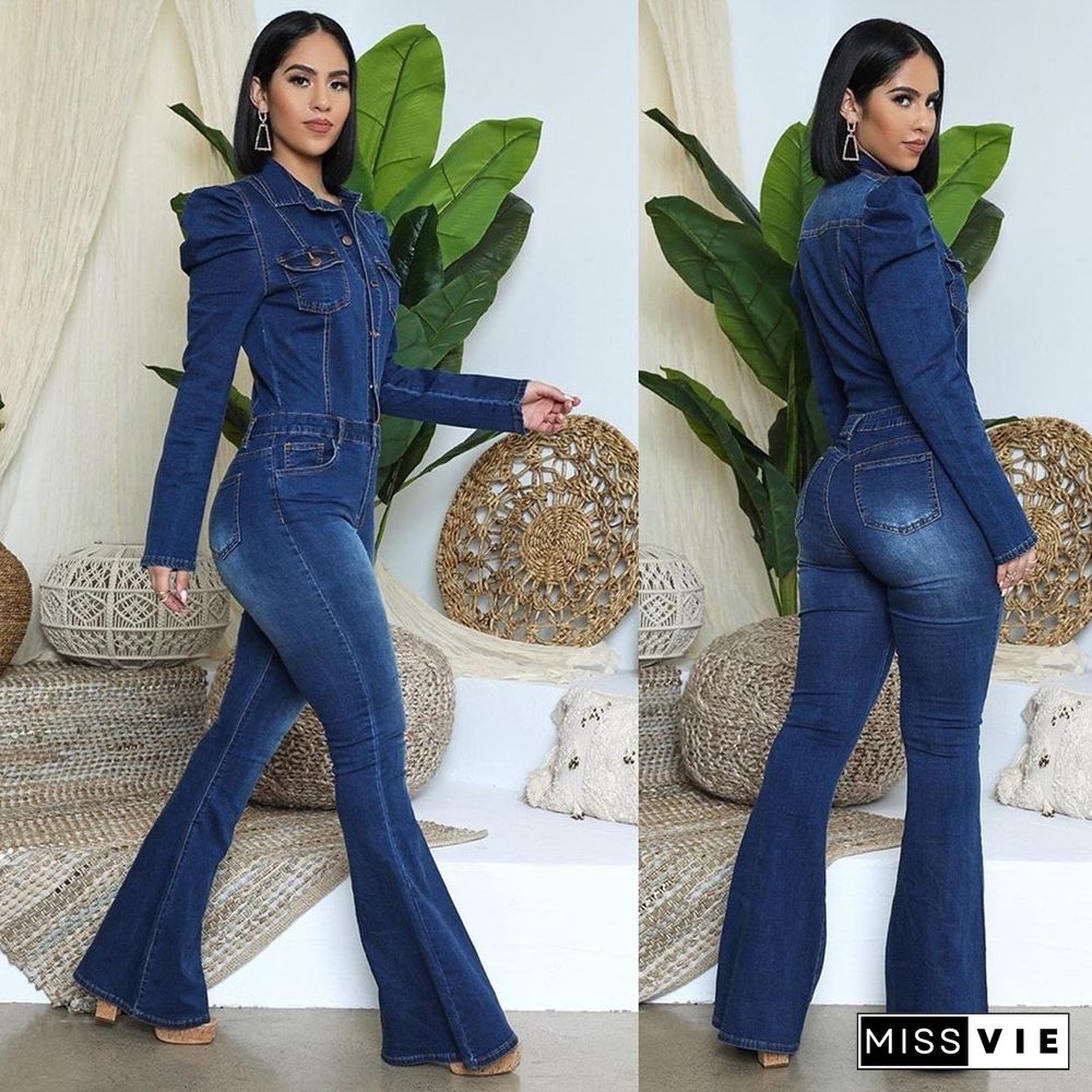 Winter Women Skinny Full Sleeve Denim Flare Jeans Jumpsuit