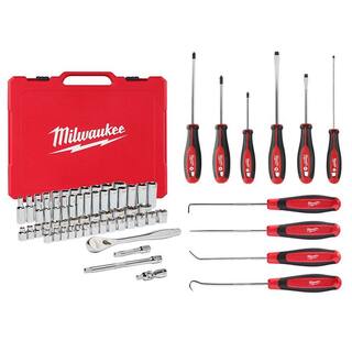 MW Mechanic Hand and Tool Set with 38 in. Drive SAE Metric Ratchet Socket Screwdriver Hook and Pick (66-Piece) 48-22-9008-48-22-2706-48-22-9215