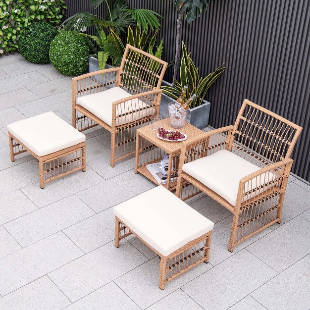 Costway 5 Piece Patio Rattan Wicker Conversation Set With 2 tier Coffee Table amp 2 Ottomans