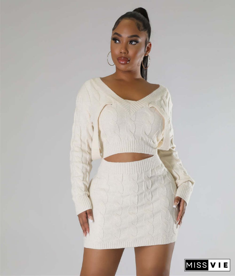 Solid Knitted Sweater Crop Tops Mini Skirt Two Piece Set