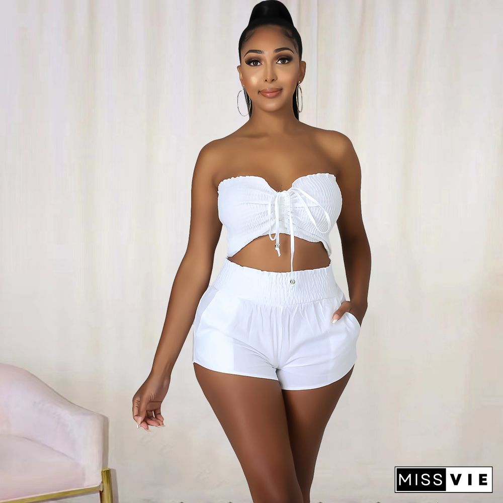 Solid Strapless Wrap Chest Crop Tops and Shorts Set