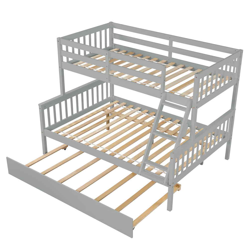 Twin Over Full Bunk Bed with Trundle, Wood Bed Frame with Ladder and Safety Rails for Kids, Teens, Adults, Gray