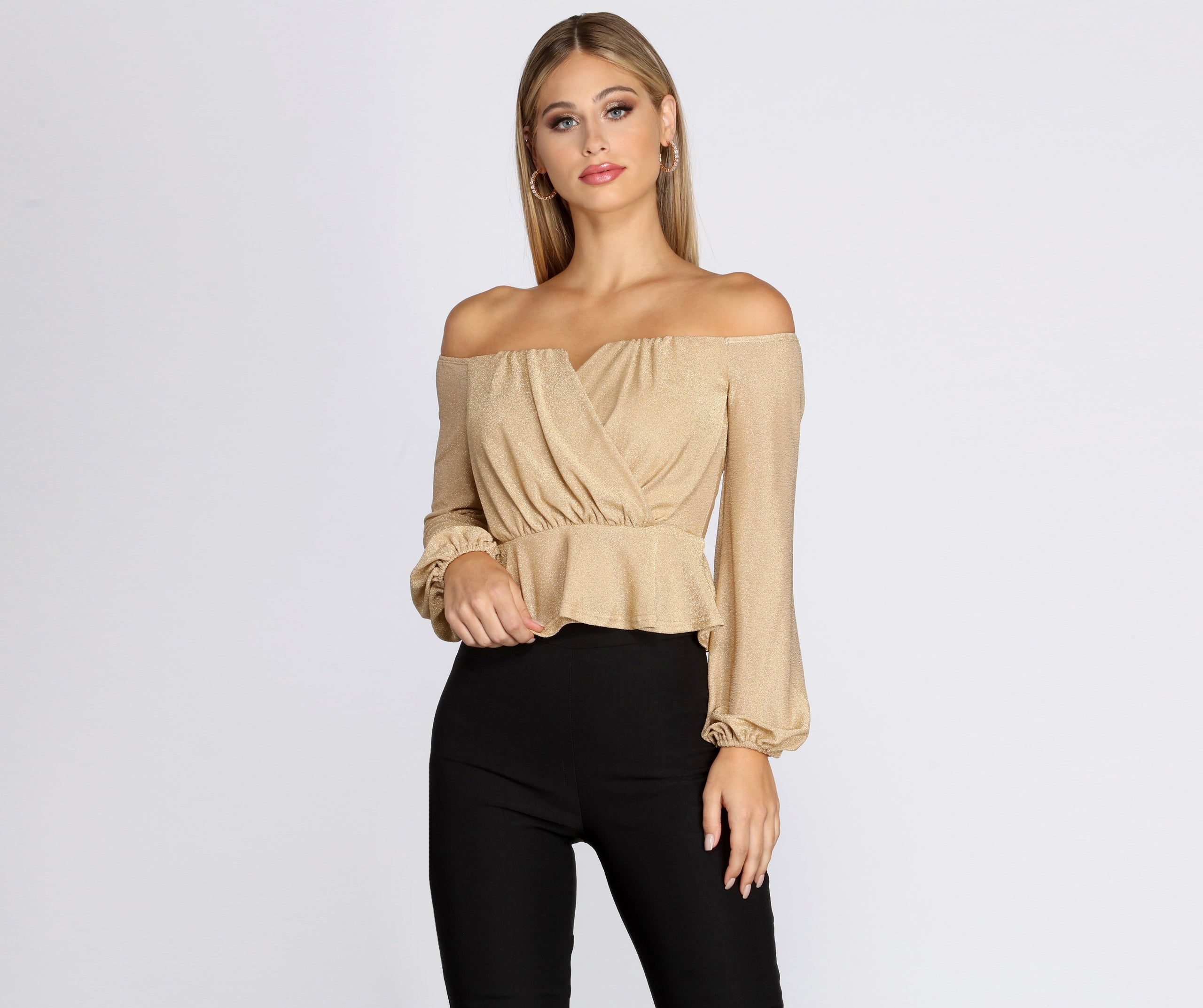 Glitzy Wrap Front Peplum Blouse