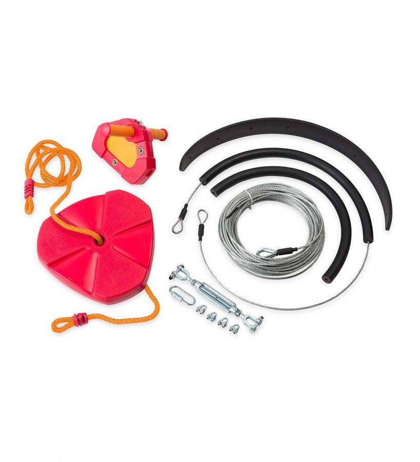 HearthSong 80-Foot Red Galvanized Steel Backyard Zipline Kit with Adjustable Seat， Non-Slip Handles， and Rubber Stopper