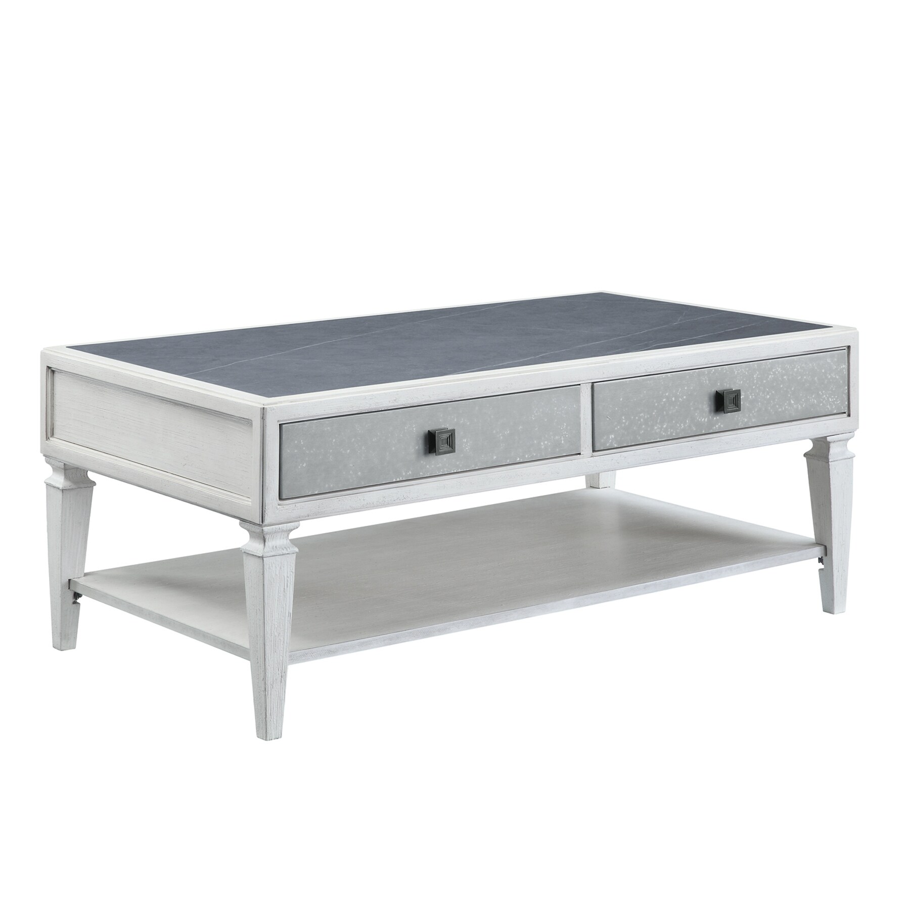 2 Drawers and 1 Open Shelf Coffee Table in Rustic Gray and Weathered White