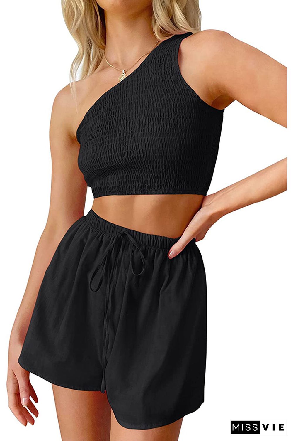 One Shoulder Smocked Crop Top with Elastic Waist Shorts 2pcs Set