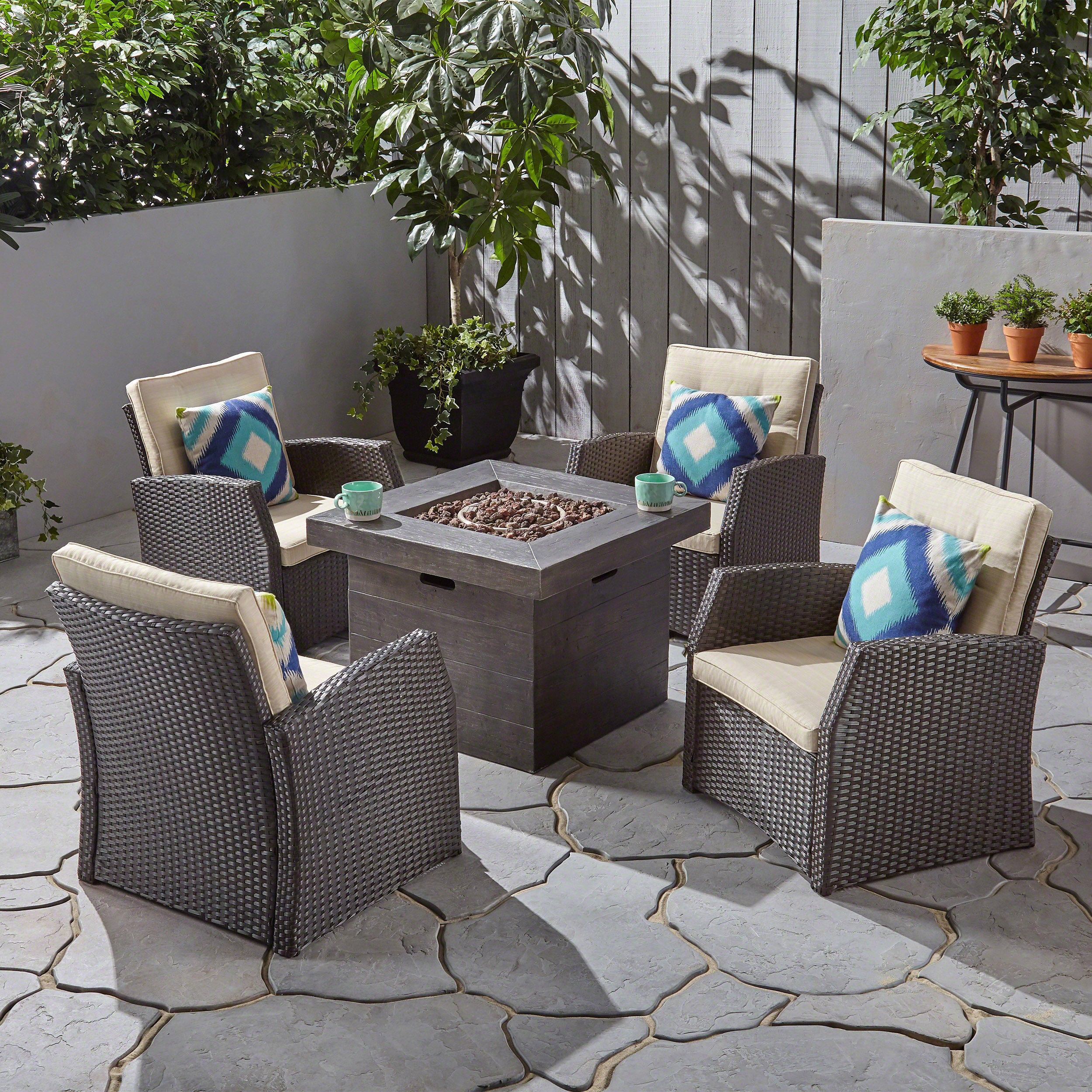 Ana Outdoor 4 Seater Wicker Chat Set with Fire Pit