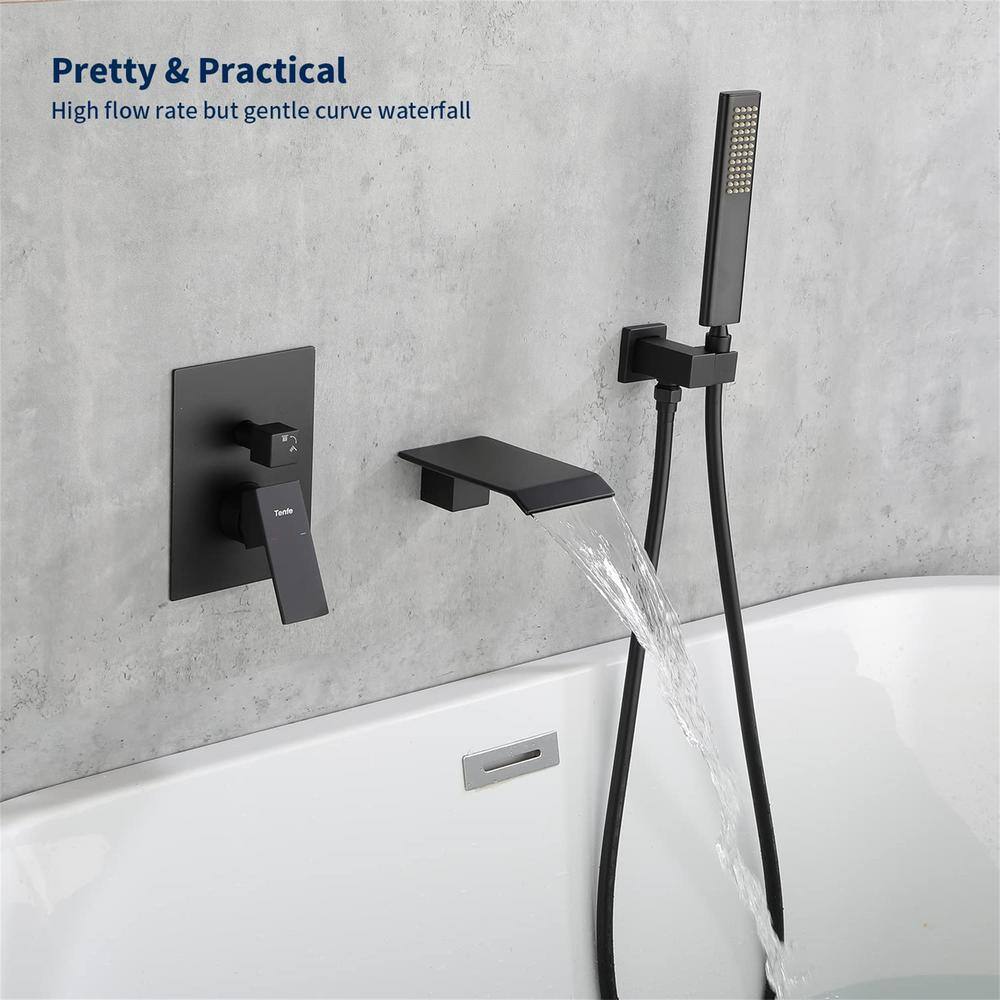 FLG Single-Handle Wall-Mount Roman Tub Faucet with Hand Shower Brass Pressure Balance Waterfall Tub Filler in Matte Black RD-0013-MB