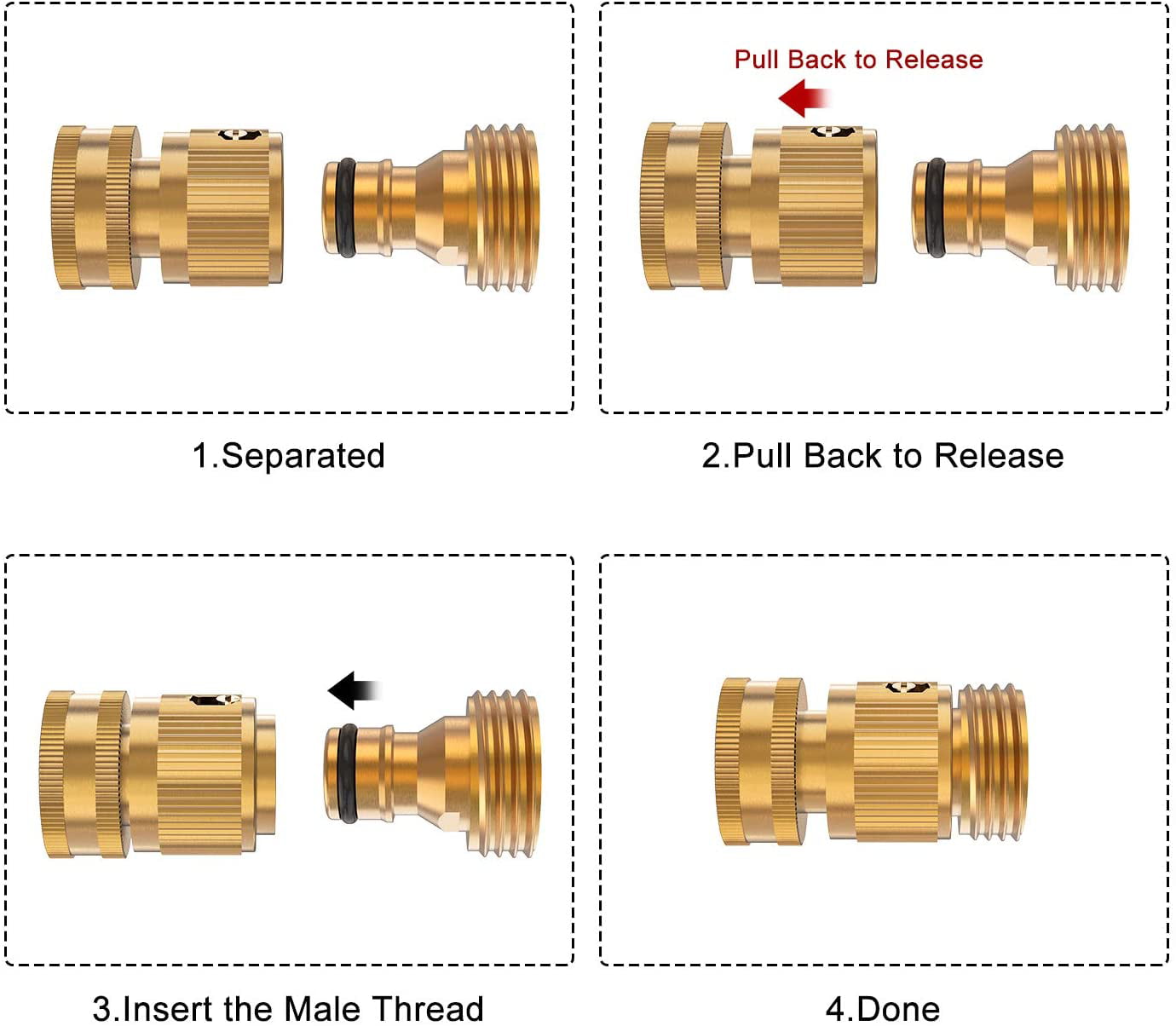 Kesfitt Garden Hose Quick Connector Solid Brass，3/4 Inch GHT Thread Fitting No-Leak Water Hose Fittings Female and Male Adapter (6 Sets)