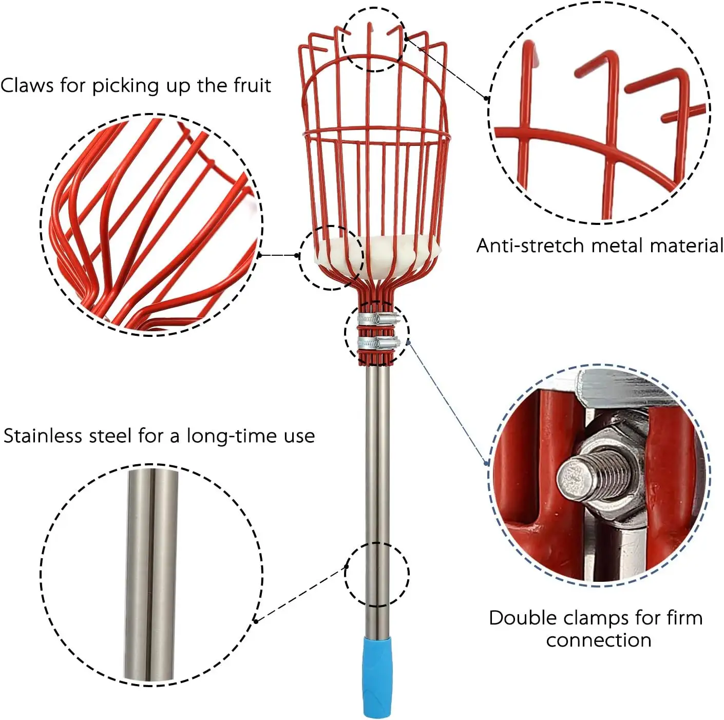 Adjustable Fruits Picker Tool with Stainless Steel Pole and Big Basket  Garden Fruit Catcher Hand Tool  Equipment Tree Picker