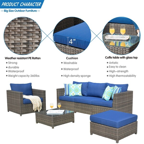 OVIOS Patio Furniture Deep Seat Wicker 6piece Set with Cushions