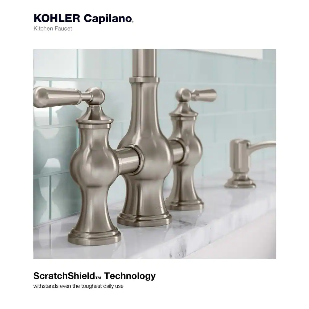 Kohler Capilano 2-Handle Bridge Farmhouse Pull-Down Kitchen Faucet With Soap Dispenser， Vibrant Stainless