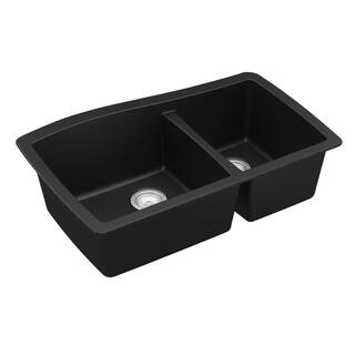 Karran Undermount Quartz Composite 33 in. 6040 Double Bowl Kitchen Sink in Black QU-721-BL