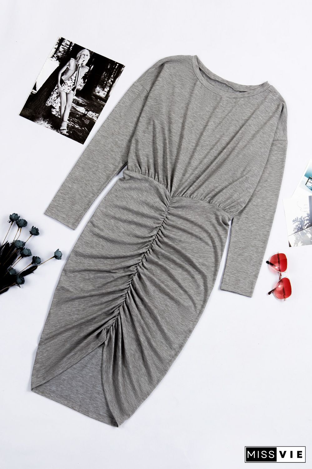 Crewneck Long Sleeve Shirred Split Bodycon Dress