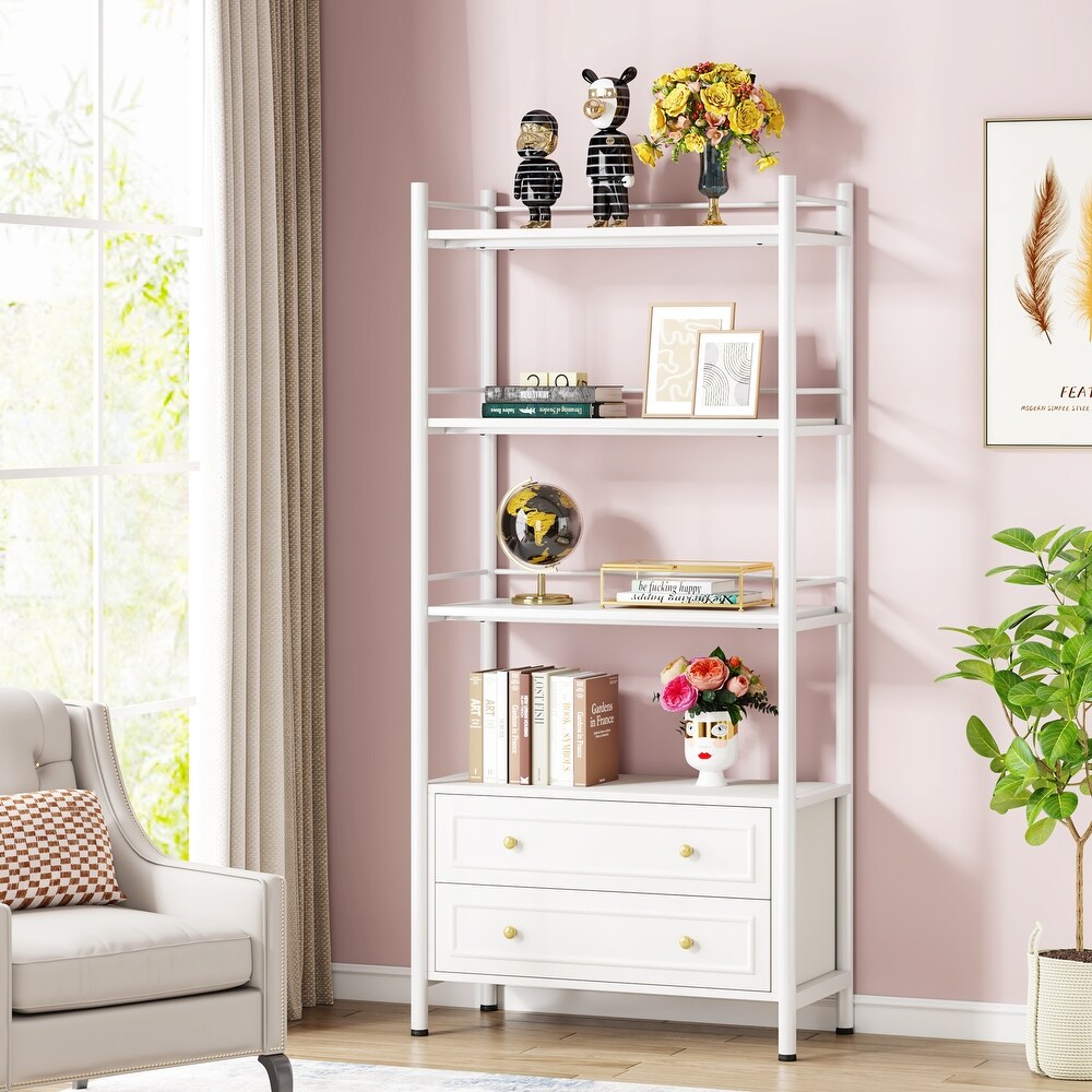 4 Tier White Bookshelf with 2 Drawers  Tall Bookcase with 4 Open Shelf for Small Place