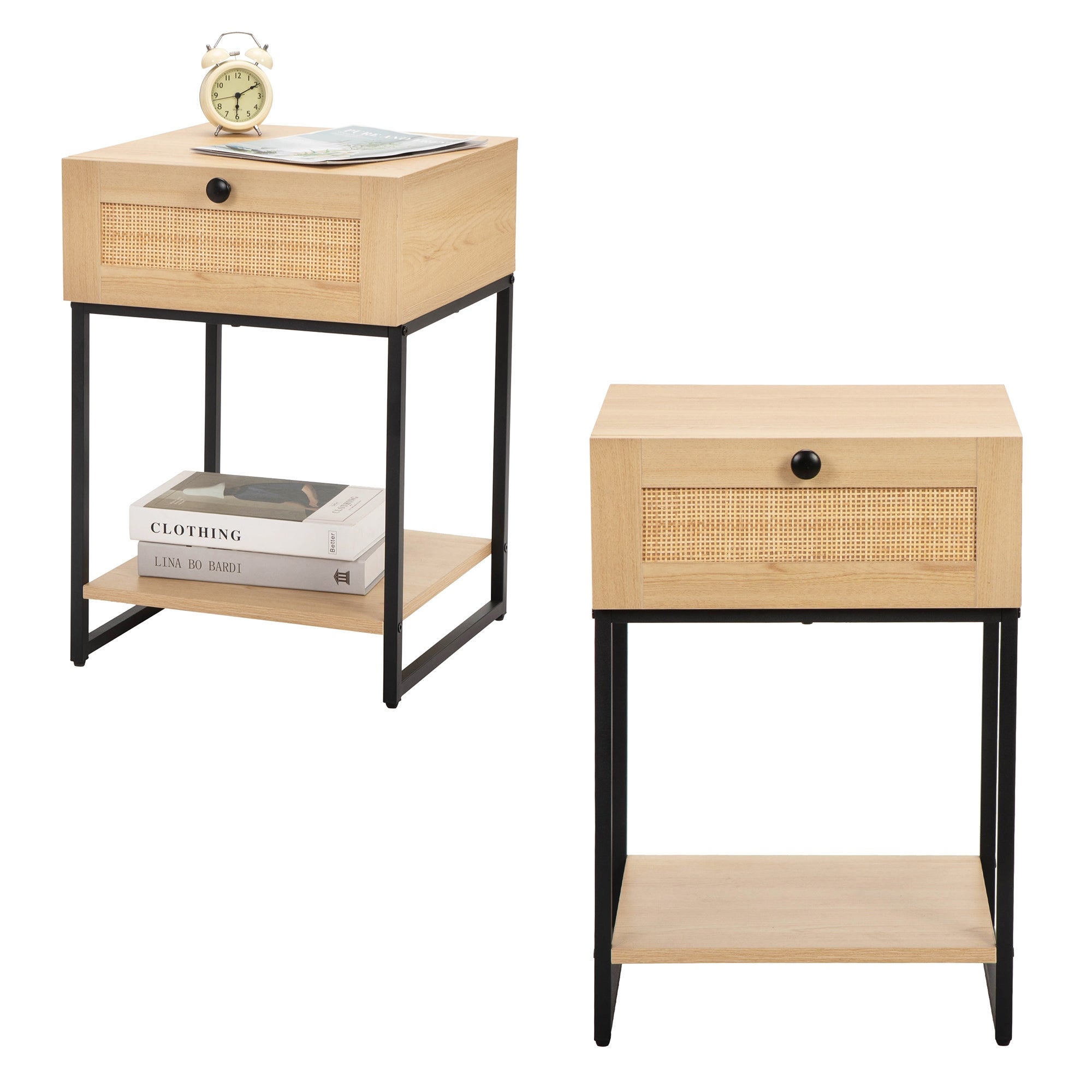 Natural Rattan Nightstand Bedside Table with 1-Drawer and Bottom Shelf， Set of 2 Bed Console Table for Bedroom Living Room - - 37846967