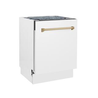 ZLINE Kitchen and Bath Autograph Edition 24 in. Top Control 8-Cycle Tall Tub Dishwasher w 3rd Rack in Matte White  Champagne Bronze DWVZ-WM-24-CB