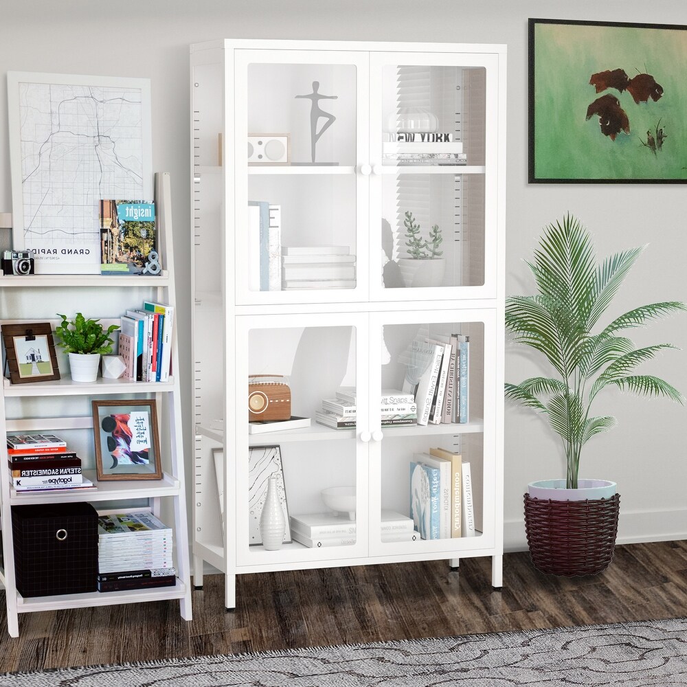 Four Glass Door Storage Cabinet with Adjustable Shelves and Feet Cold Rolled Steel Sideboard Furniture