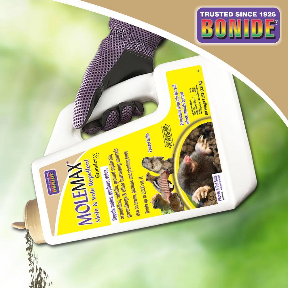 Bonide MoleMax Mole and Vole Repellent Granules 5 lbs. Ready-to-Use Lawn and Garden Mole Control People and Pet Safe 691