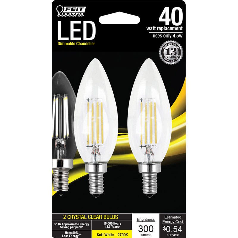 Feit B10 E12 (Candelabra) LED Bulb Soft White 40 Watt Equivalence 2 pk