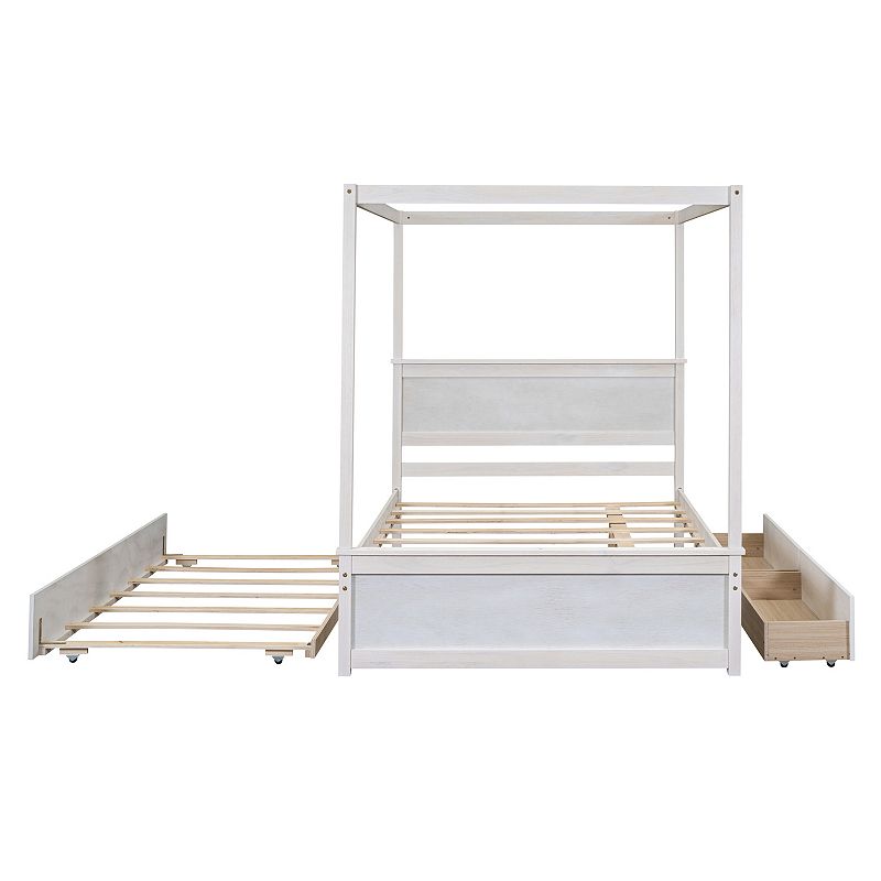 Merax Canopy Platform Bed with Trundle Bed， Wood Canopy Bed