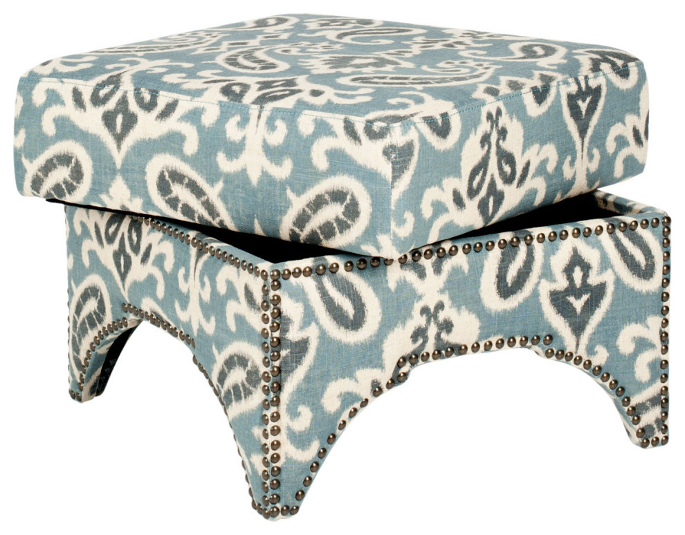 Clancy Ottoman Brass Nail Heads Blue/Gray/Off White Pattern   Mediterranean   Footstools And Ottomans   by V.S.D Furniture  Houzz