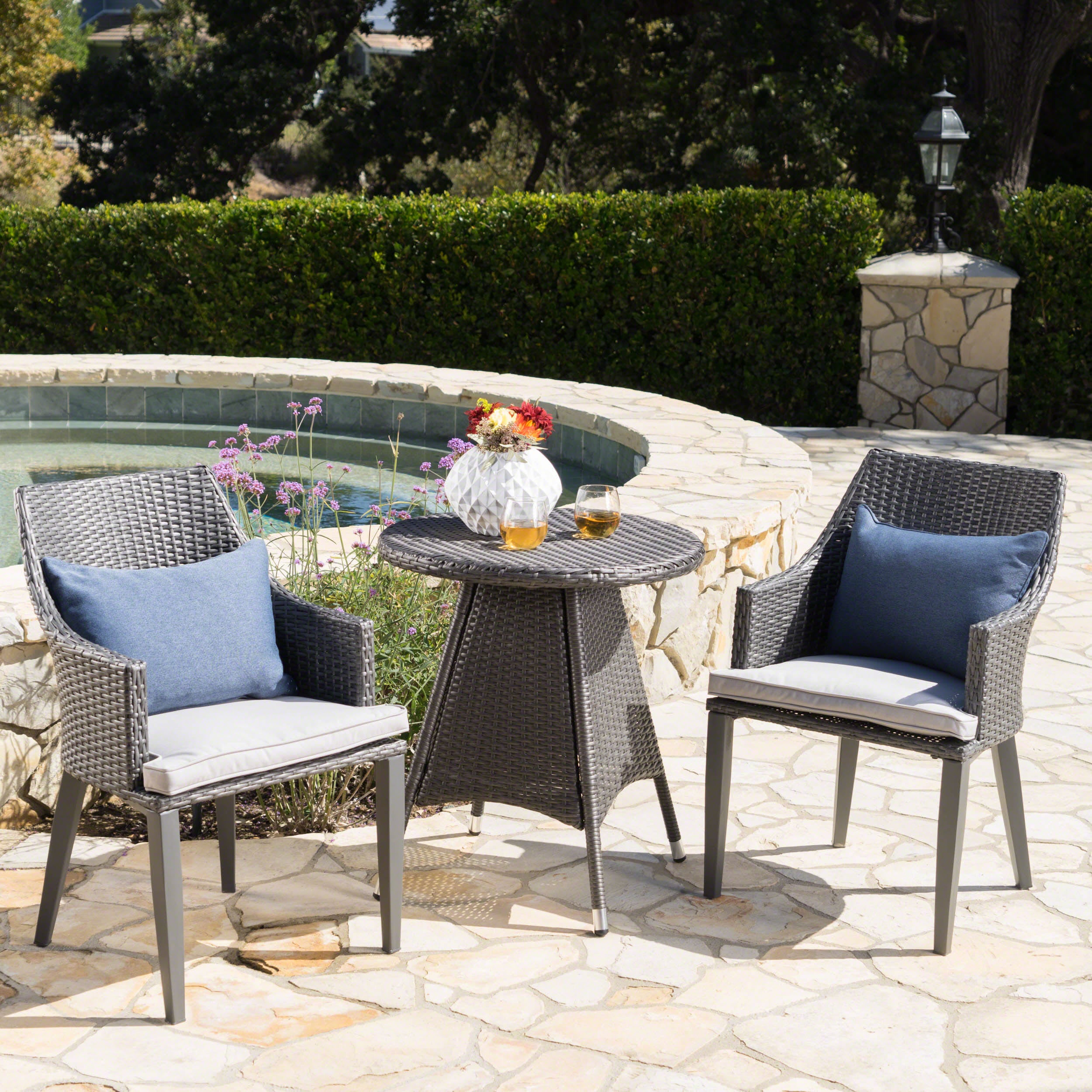 Leeward Outdoor 3 Piece Wicker Round Bistro Set with Water Resistant Cushions