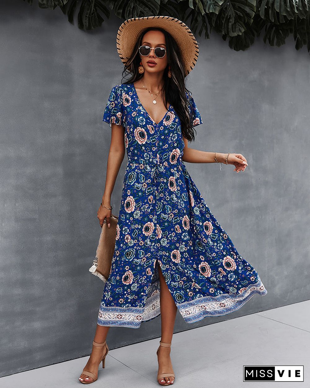 Side Split V Neck Floral Short Sleeve Maxi Dress