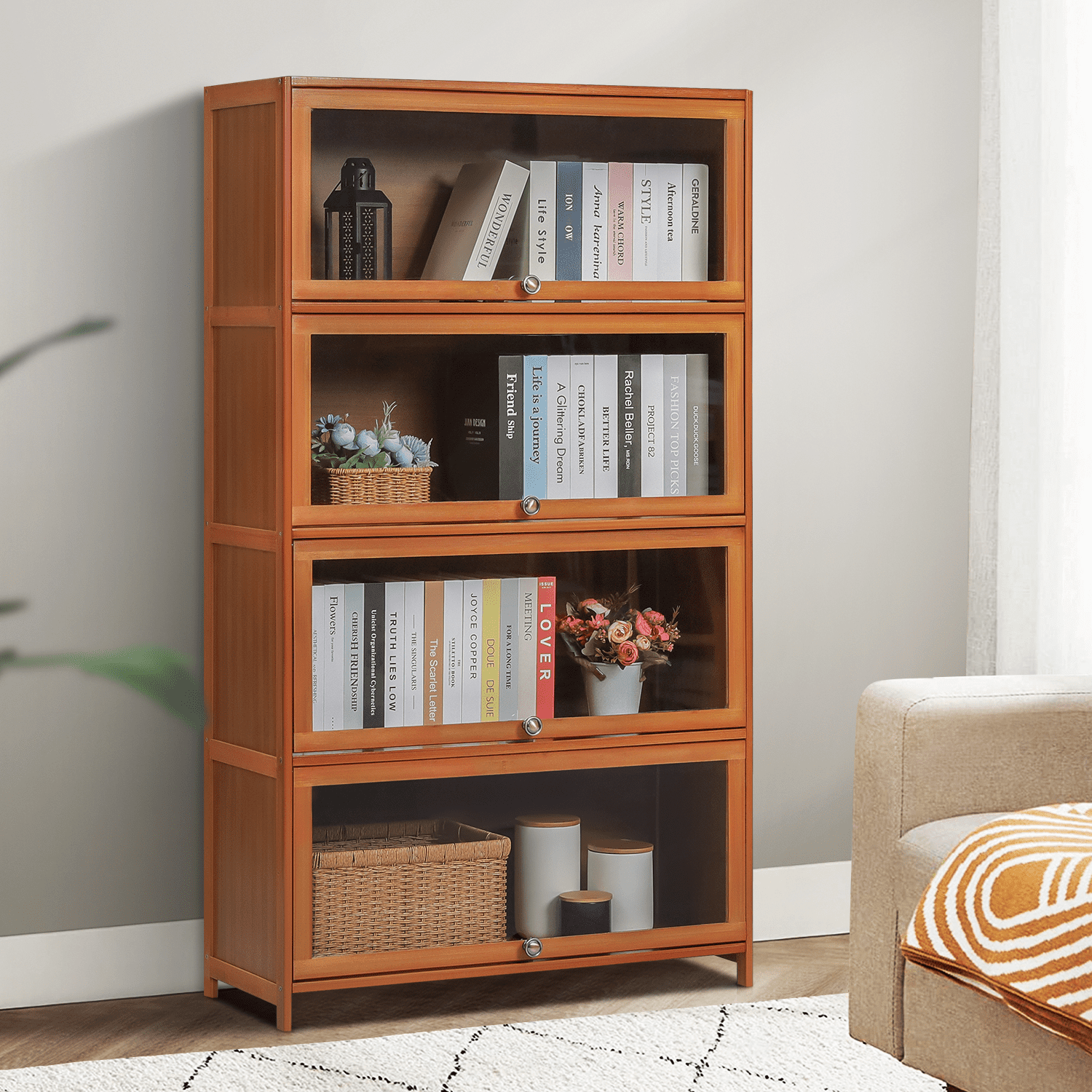 MoNiBloom Bamboo/Acrylic 4 Shelves Bookshelf with Door, Books Toys Storage Bookcase, Brown, for Home