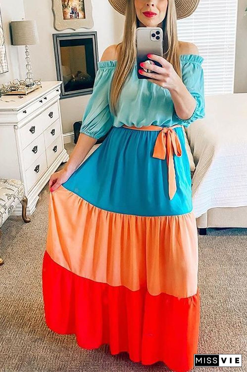 Color Block Off Shoulder Puff Sleeve Maxi Dress