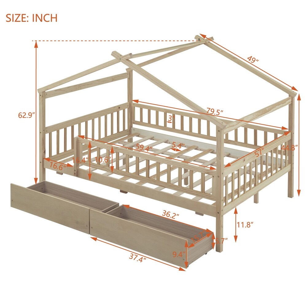 Full Size Wood Daybed with 2 Storage Drawers and Fence Guardrails  Kid's Bed with Wood Slats and House Shaped Frame