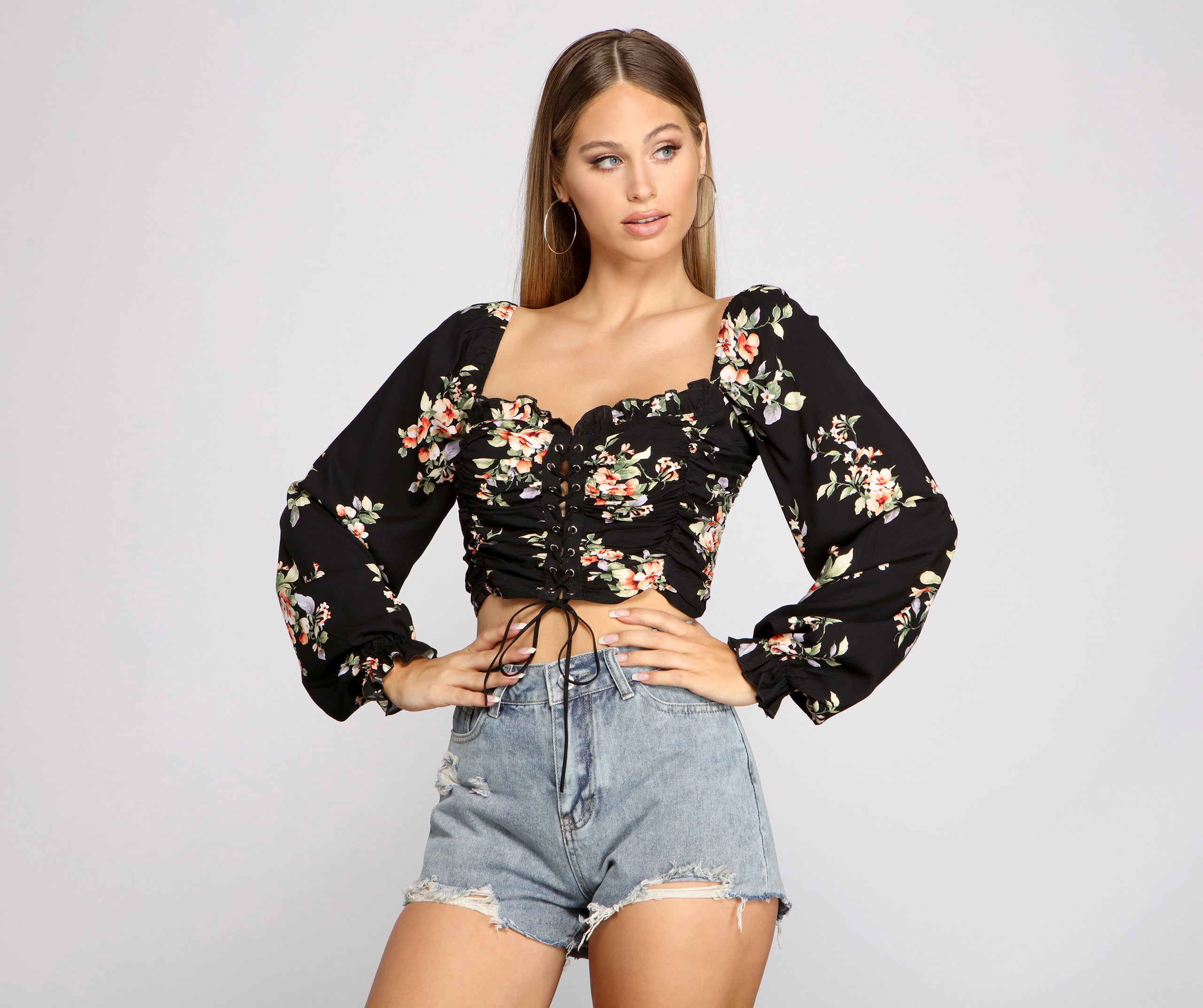 Floral Hour Lace-Up Crop Top