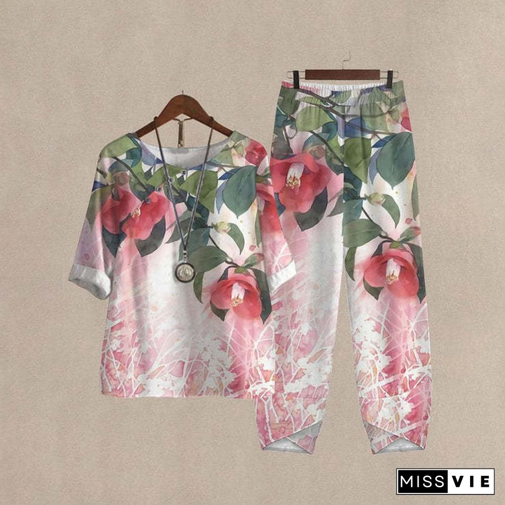 Women's Half Sleeve Scoop Neck Floral Printed Top & Pockets Design Long Pants Set