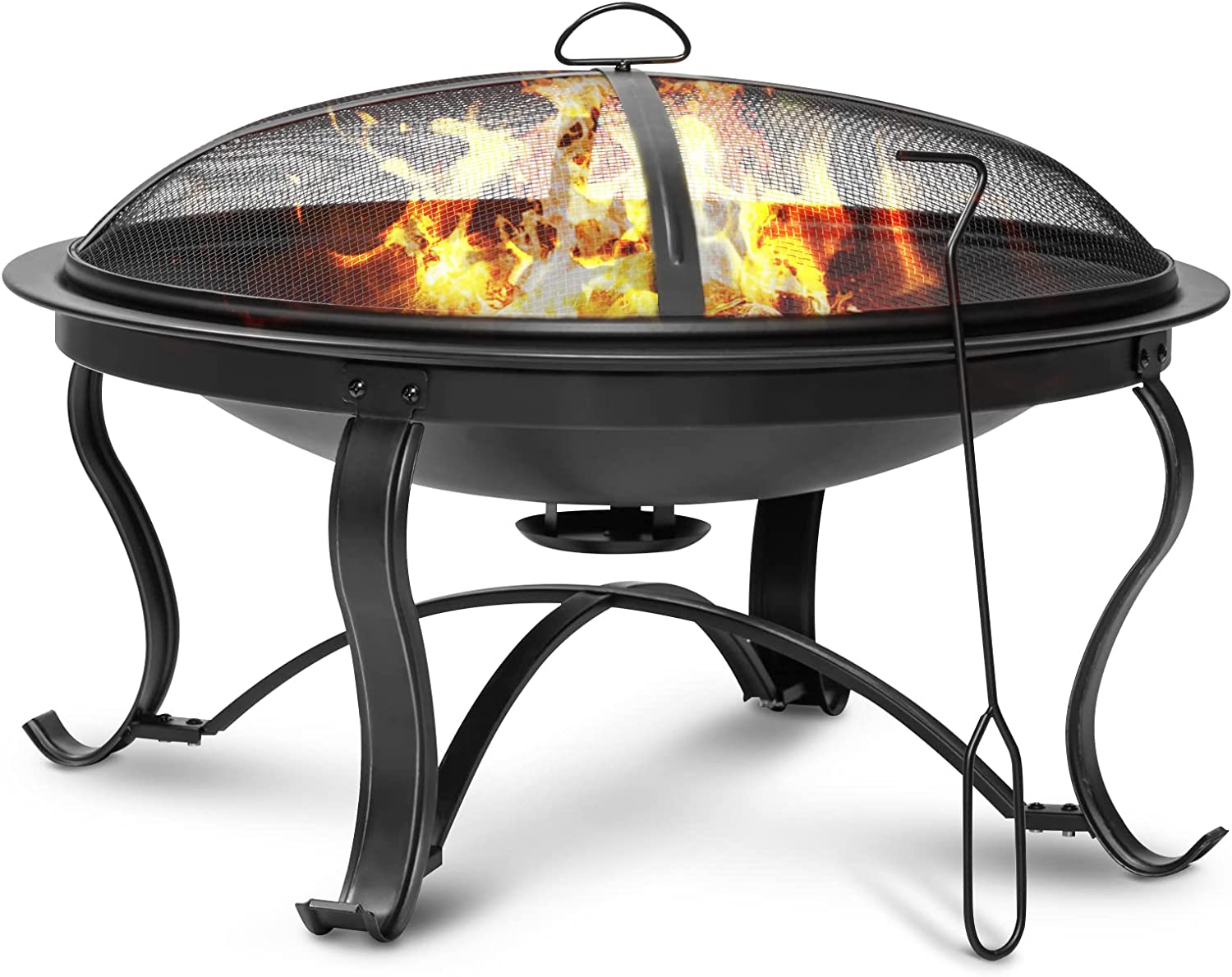 SINGLYFIRE 29 inch Fire Pits for Outside Firepit Outdoor Wood Burning Bonfire Pit Steel Firepit Bowl for Patio Backyard Camping，with Ash Plate，Spark Screen，Log Grate，Poker